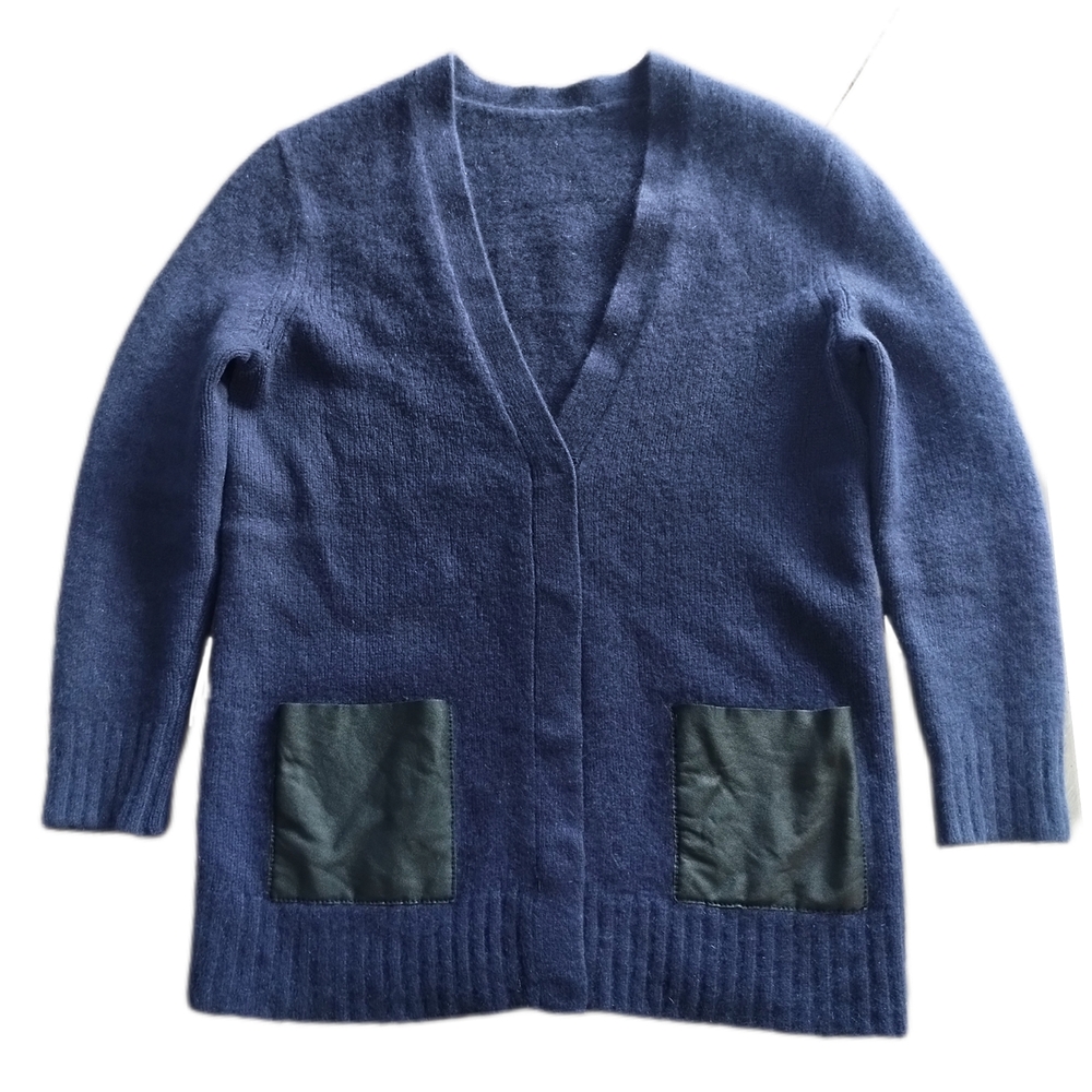 Lord & Taylor 100% Cashmere Long Cardigan • Navy • Leather Pockets - Picture 2 of 7